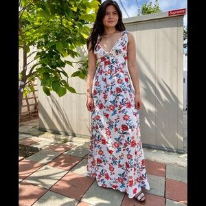 White floral maxi dress, open back